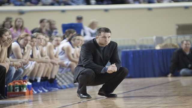 Tough to watch Head coach of No. 2 Lomega, Kevin Lewallen watches at the final moments tick off of the clock as his team is upset by No. 8 Erick during the Class B girls championship final.