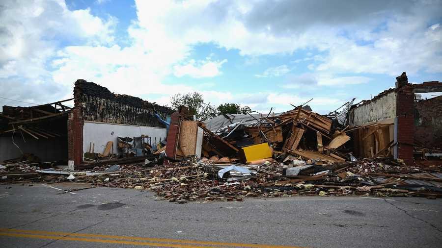 A tornado leaves damage to downtown Sulphur, Oklahoma, on April 27, 2024. A tornado leaves damage to downtown sulphur, oklahoma, on april 27, 2024.