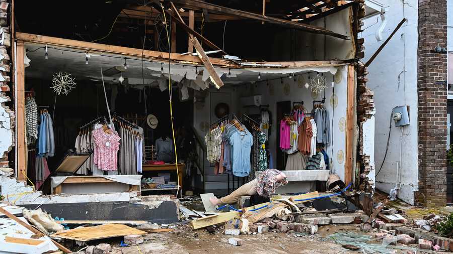 A tornado leaves damage to downtown Sulphur, Oklahoma, on April 27, 2024. A tornado leaves damage to downtown sulphur, oklahoma, on april 27, 2024.