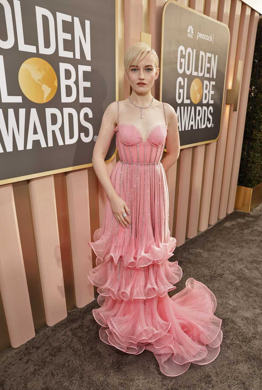 NBC's 80th Annual Golden Globe Awards - Red Carpet beverly hills, california january 10 80th annual golden globe awards pictured julia garner arrives at the 80th annual golden globe awards held at the beverly hilton hotel on january 10, 2023 in beverly hills, california photo by todd williamsonnbcnbc via getty images