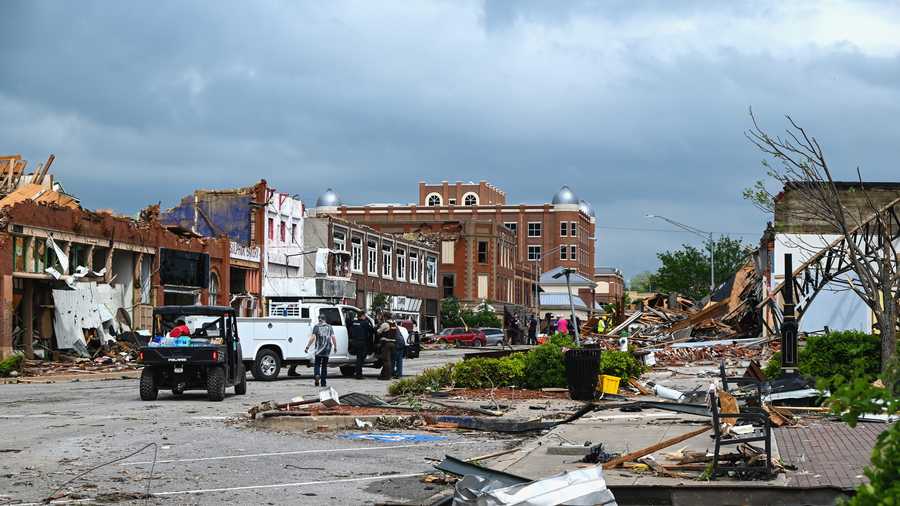 A tornado leaves damage to downtown Sulphur, Oklahoma, on April 27, 2024. A tornado leaves damage to downtown sulphur, oklahoma, on april 27, 2024.