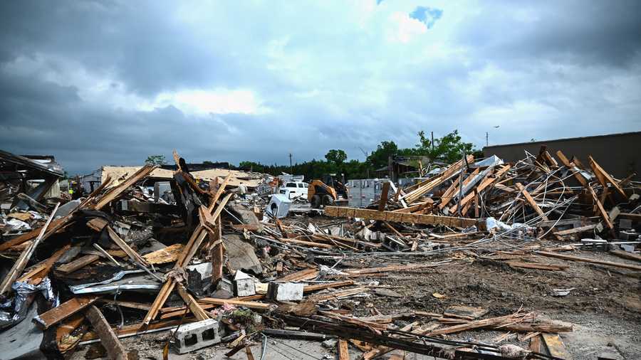 A tornado leaves damage to downtown Sulphur, Oklahoma, on April 27, 2024. A tornado leaves damage to downtown sulphur, oklahoma, on april 27, 2024.