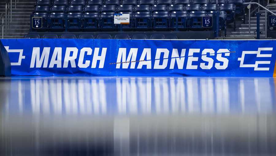 March Madness banner March Madness branding near the court before a first-round college basketball game.