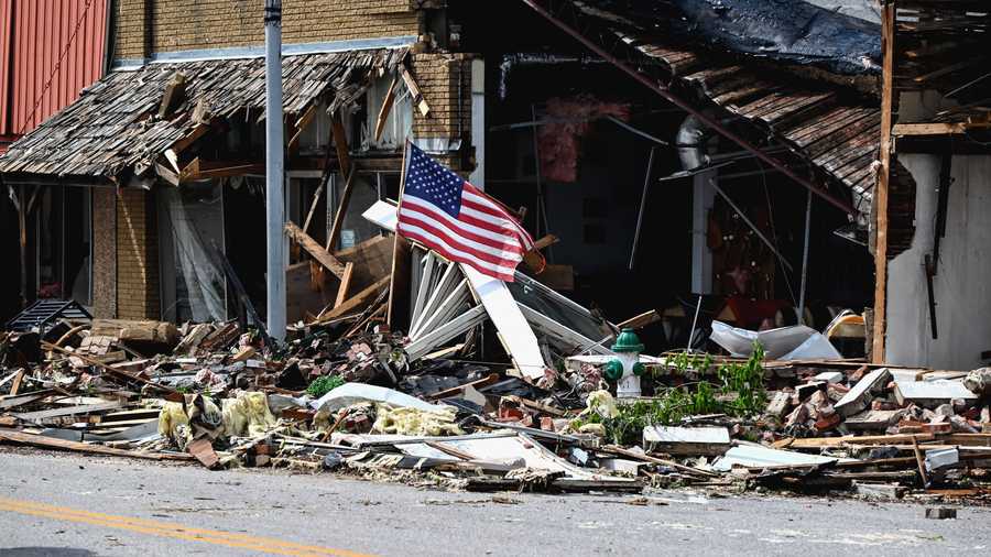 A tornado leaves damage to downtown Sulphur, Oklahoma, on April 27, 2024. A tornado leaves damage to downtown sulphur, oklahoma, on april 27, 2024.