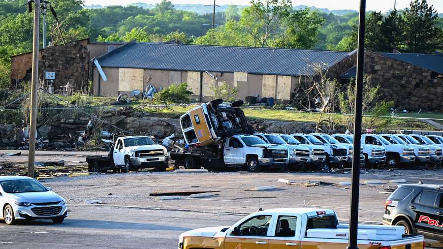 A tornado leaves damage to downtown Sulphur, Oklahoma, on April 27, 2024. A tornado leaves damage to downtown sulphur, oklahoma, on april 27, 2024.