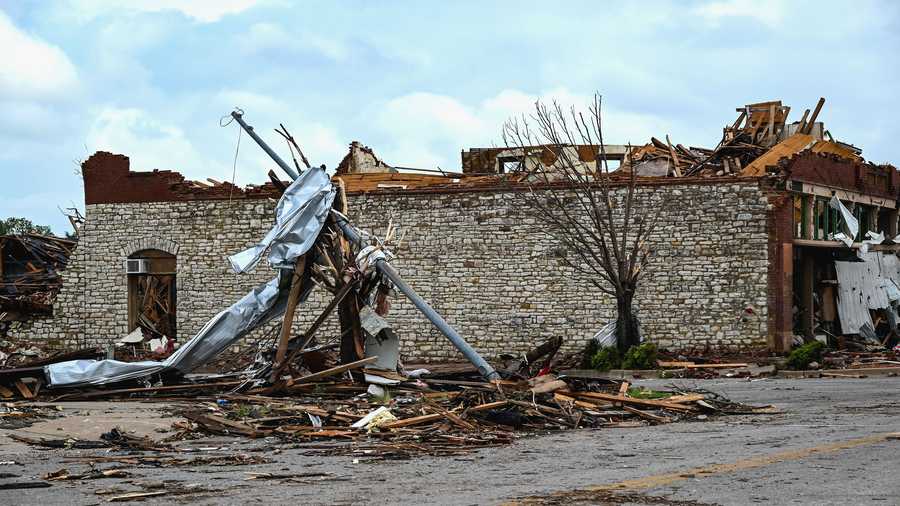 A tornado leaves damage to downtown Sulphur, Oklahoma, on April 27, 2024. A tornado leaves damage to downtown sulphur, oklahoma, on april 27, 2024.