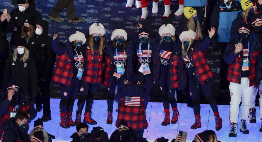 Olympics closing ceremony Members of team United States pose during the closing ceremony of the 2022 Winter Olympics, Sunday, Feb. 20, 2022, in Beijing.