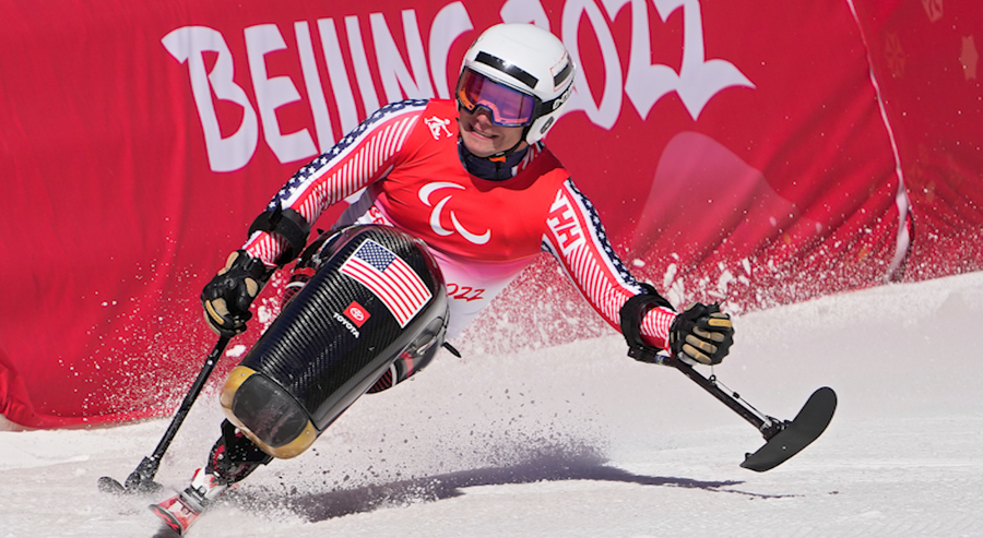 Paralympics Andrew Kurka of the United States competes in the men's downhill, sitting, at the 2022 Winter Paralympics, Saturday, March 5, 2022, in the Yanqing district of Beijing.